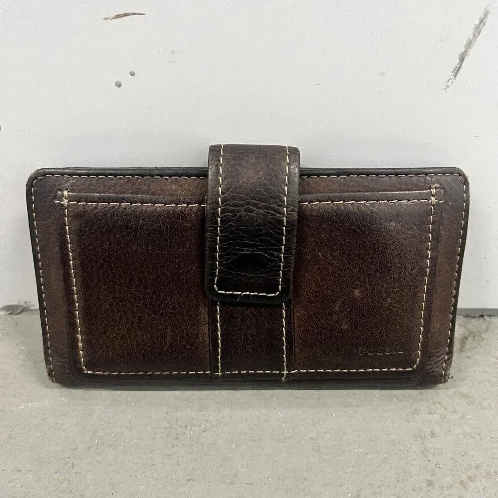 Vintage Fossil Brown Leather Women's Wallet‎ Multi-Compartment Checkbook Snap